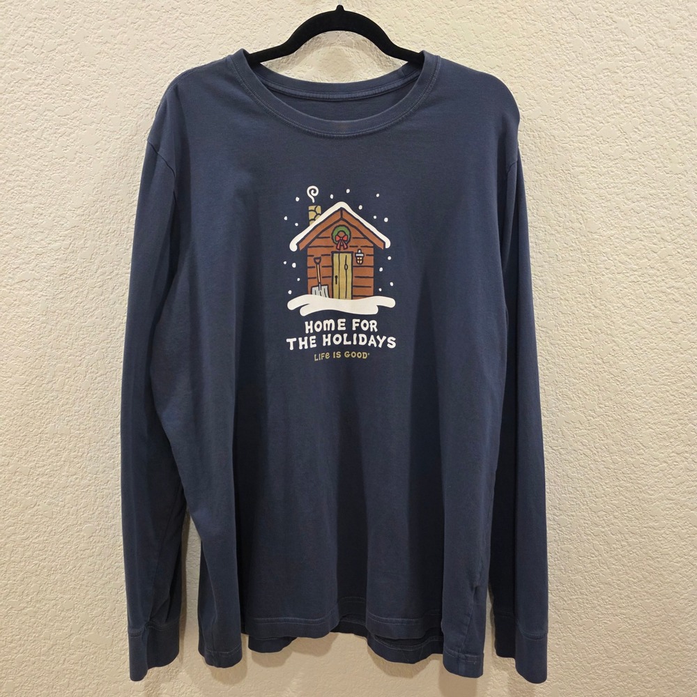 Life is Good Mens XL Crusher Long Sleeve Tee Home for the Holidays Gray Blue